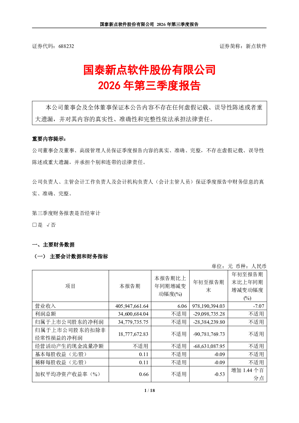 新点软件：2026年第三季度报告