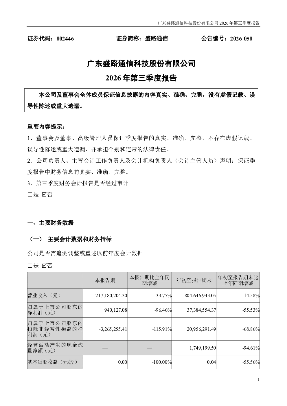 盛路通信：2026年第三季度报告