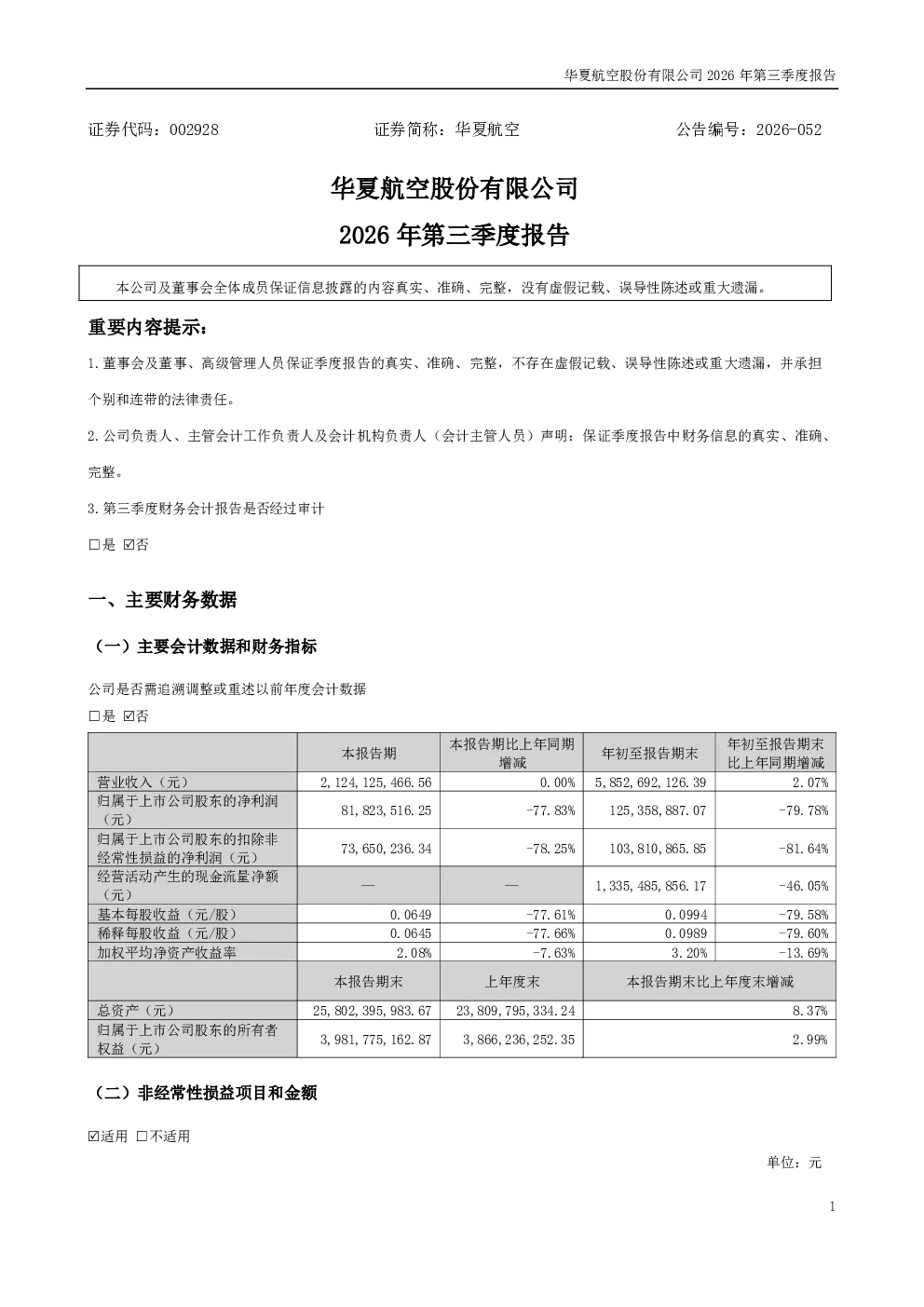 华夏航空：2026年第三季度报告