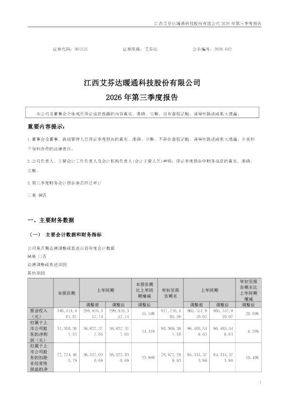艾芬达：2026年第三季度报告