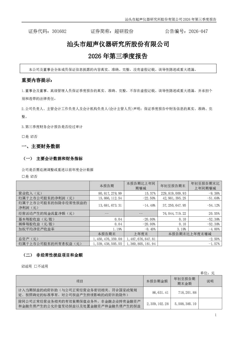 超研股份：2026年第三季度报告