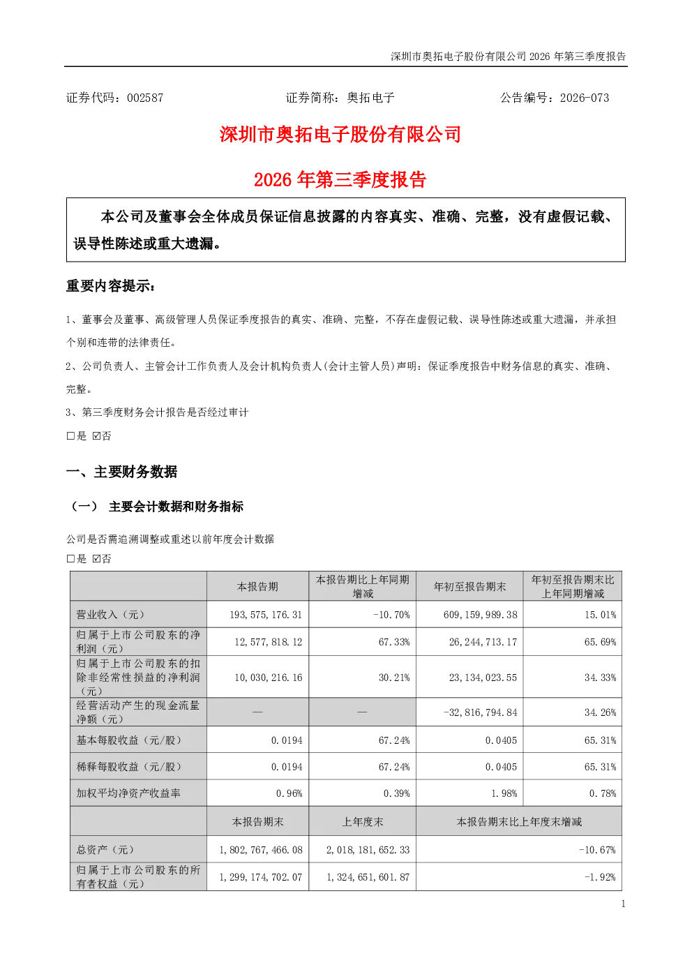 奥拓电子：2026年第三季度报告