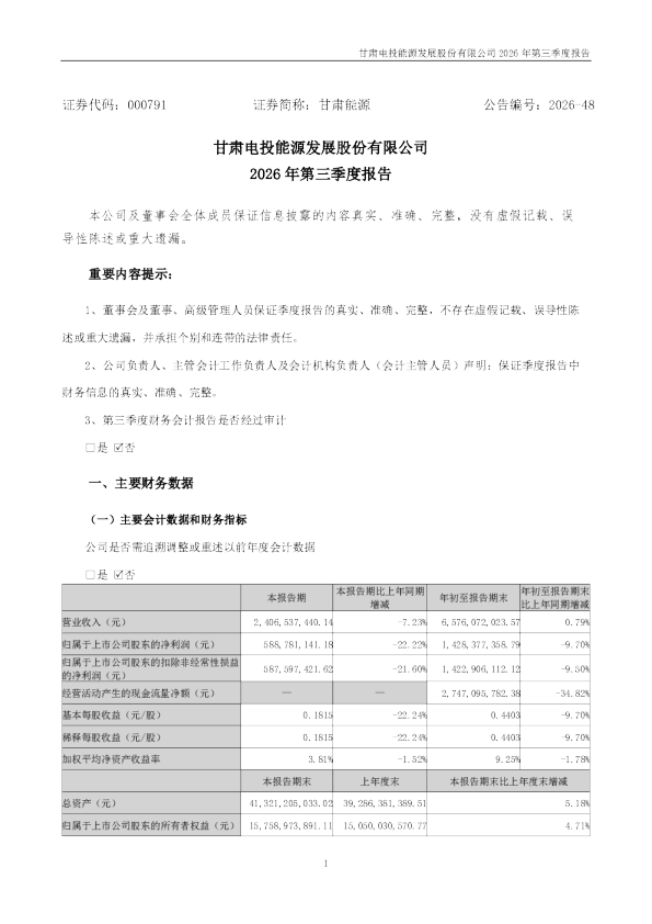 甘肃能源：2026年第三季度报告