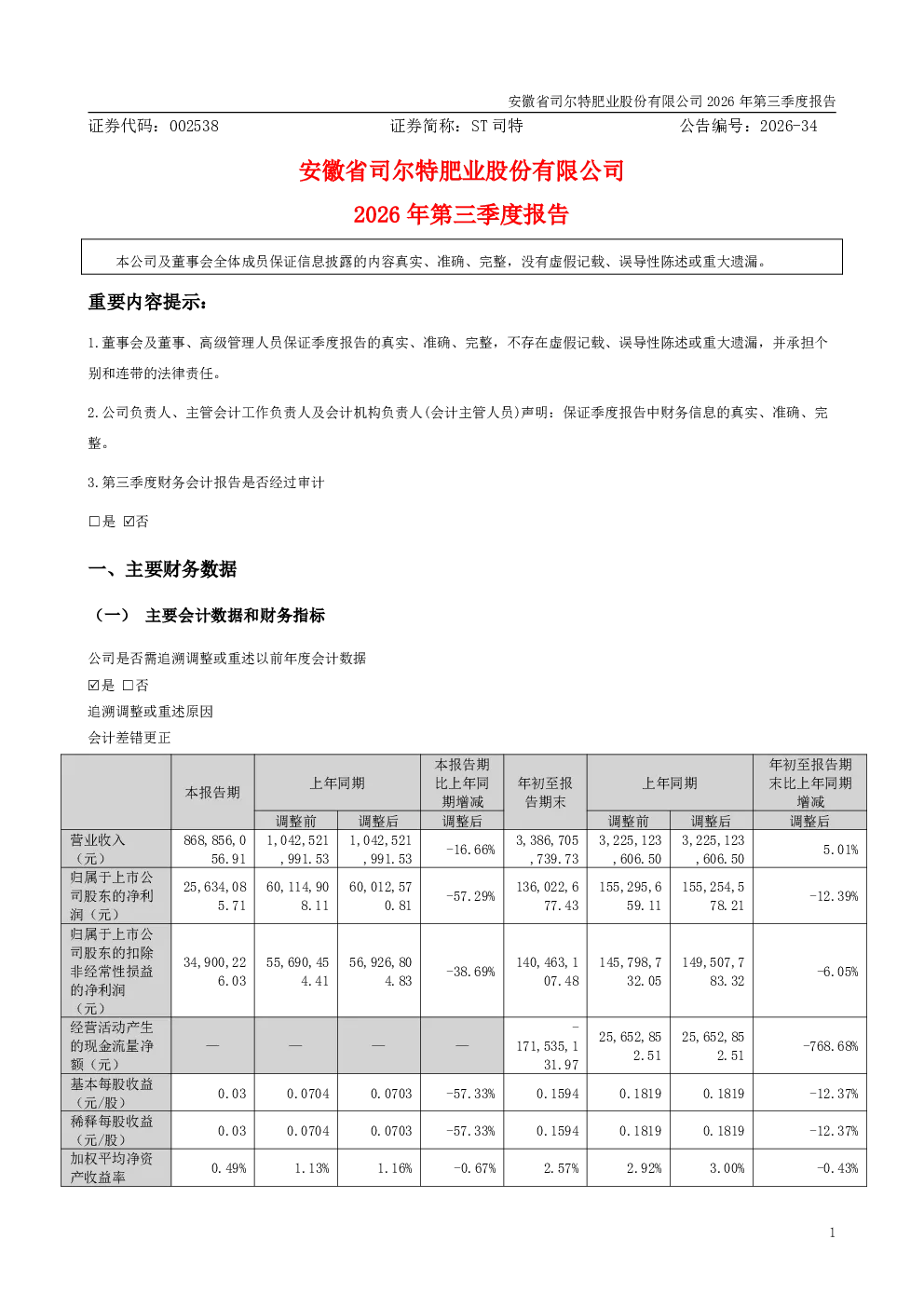 ST司特：2026年第三季度报告