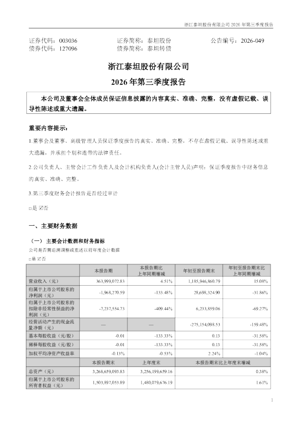 泰坦股份：2026年第三季度报告