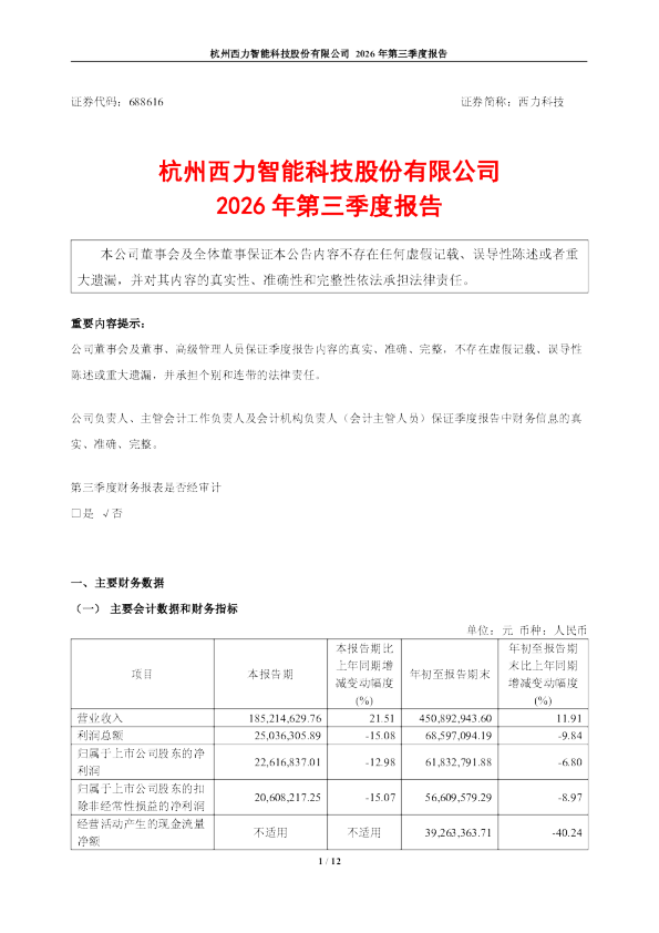 西力科技：2026年第三季度报告