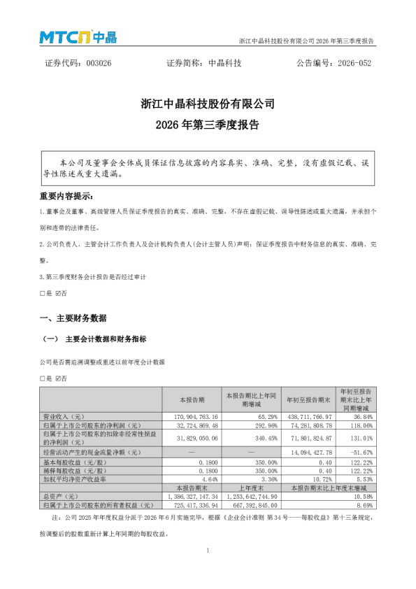 中晶科技：2026年第三季度报告