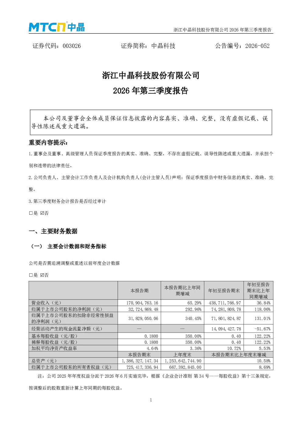 中晶科技：2026年第三季度报告