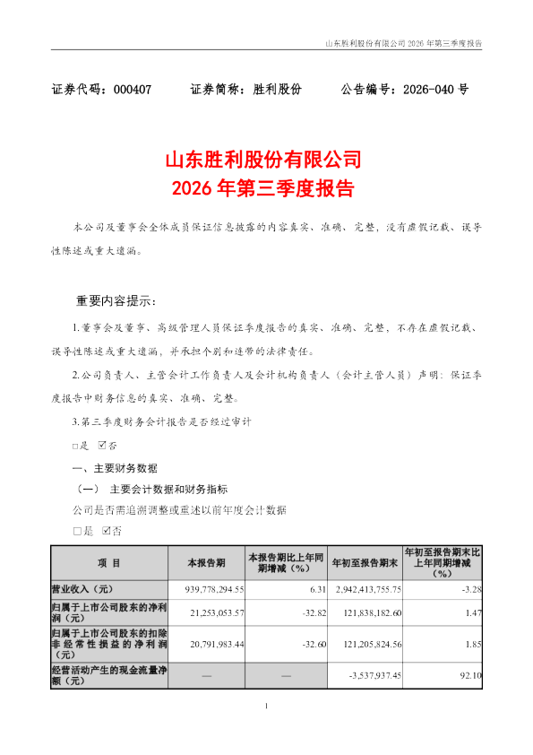 胜利股份：2026年第三季度报告