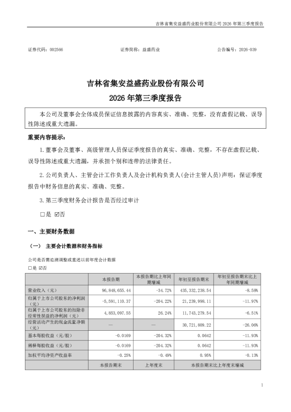 益盛药业：2026年第三季度报告