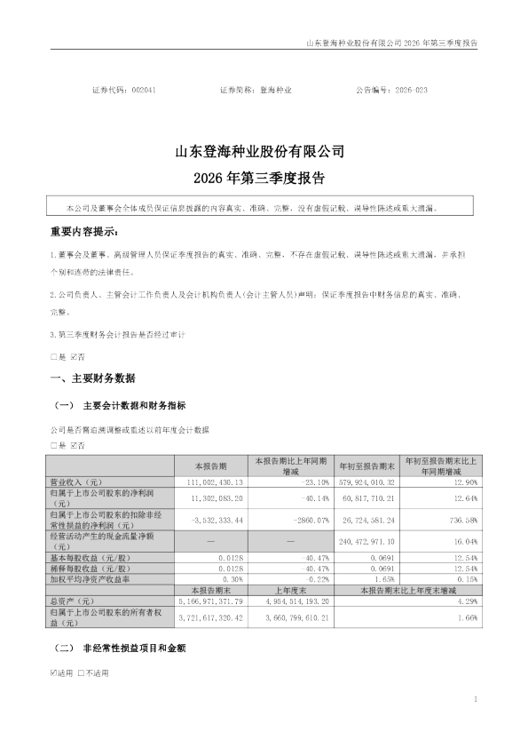 登海种业：2026年第三季度报告