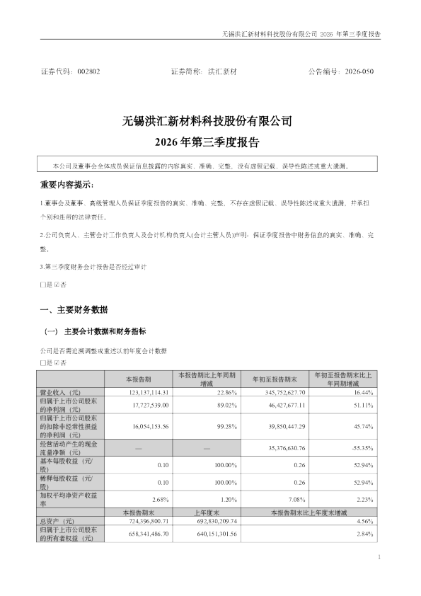 洪汇新材：2026年第三季度报告