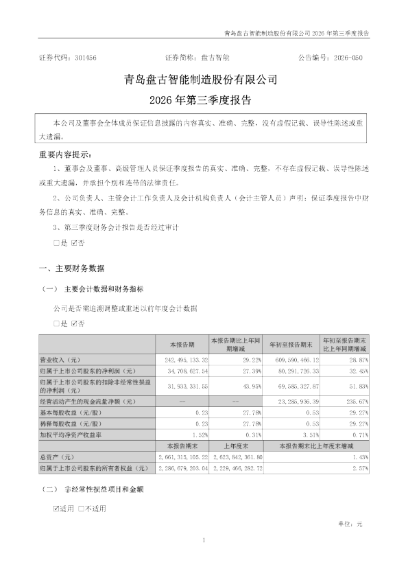 盘古智能：2026年第三季度报告