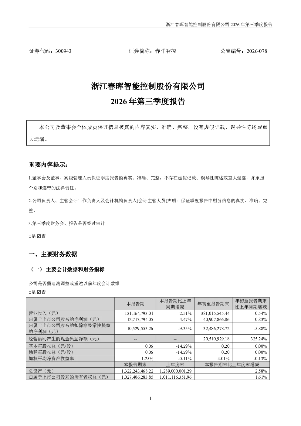 春晖智控：2026年第三季度报告