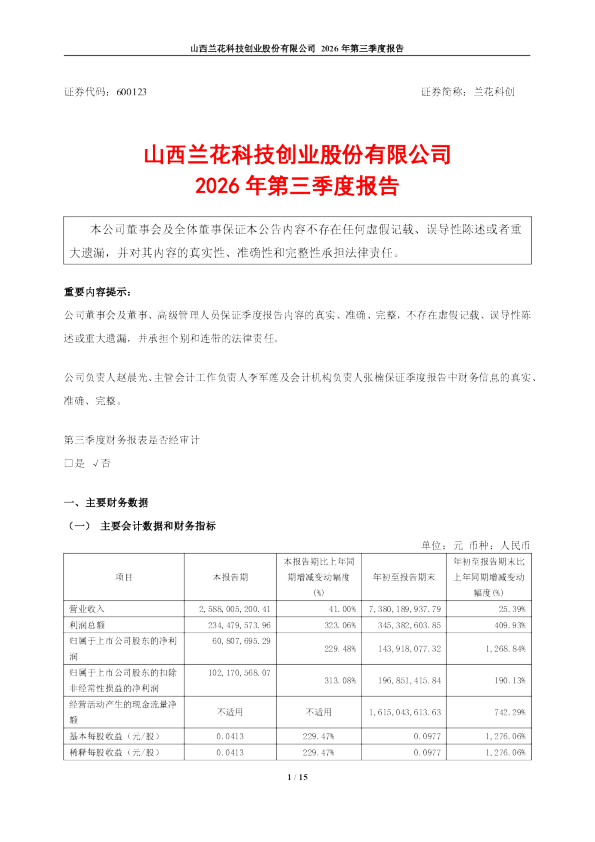兰花科创：2026年第三季度报告