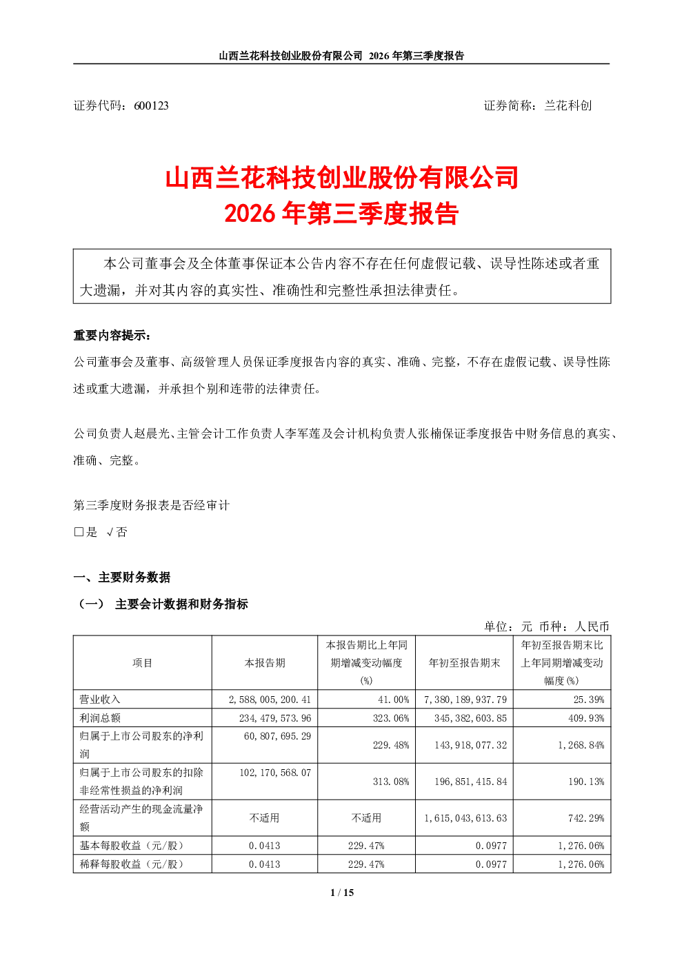 兰花科创：2026年第三季度报告