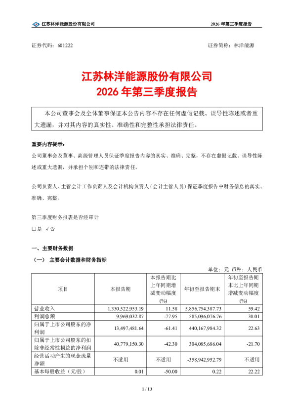 林洋能源：2026年第三季度报告