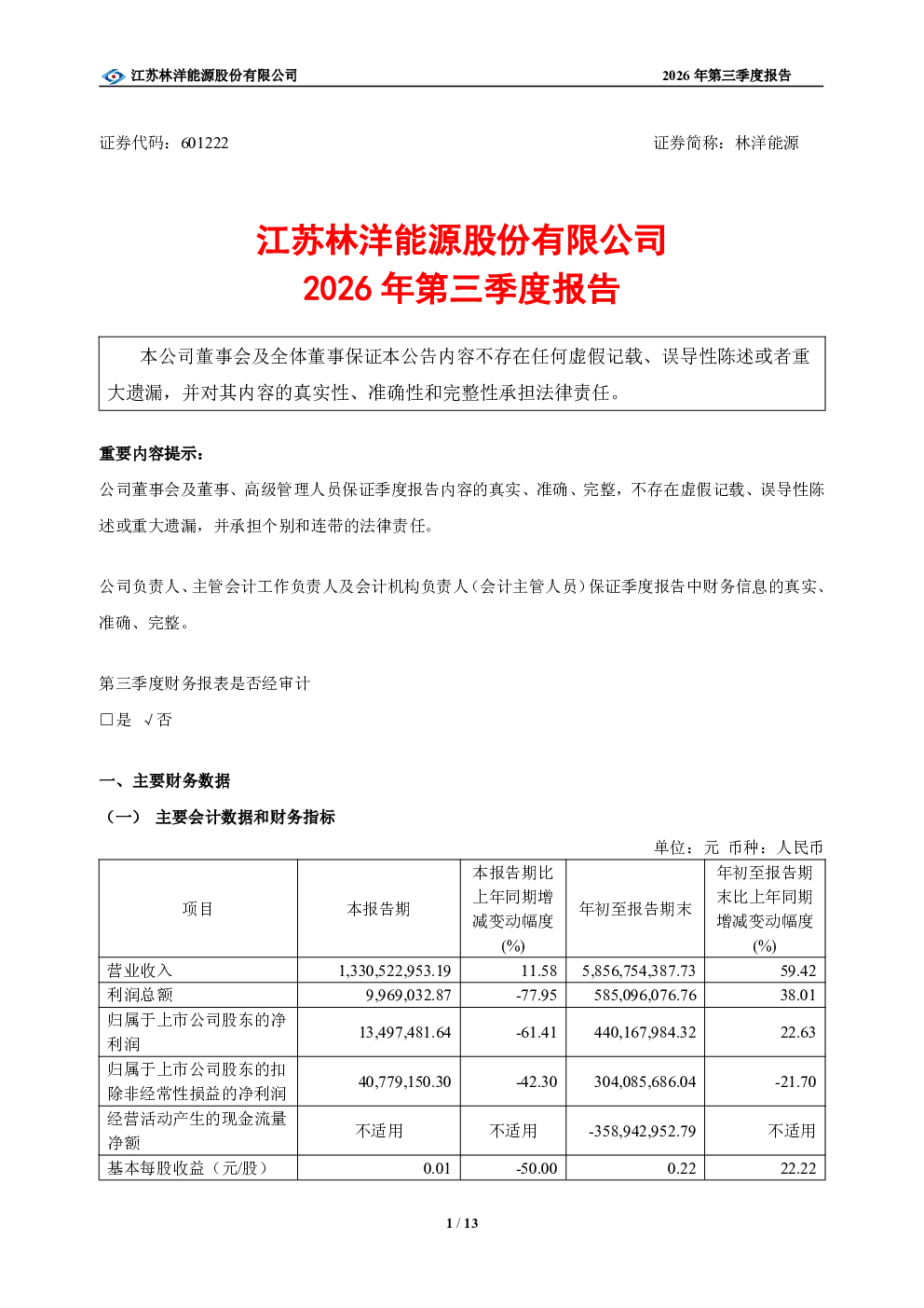 林洋能源：2026年第三季度报告