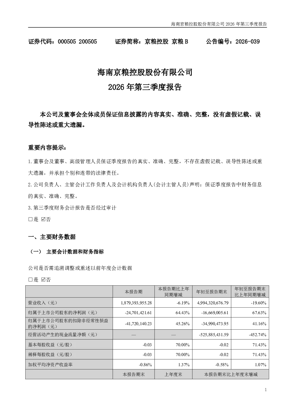 京粮控股：2026年第三季度报告