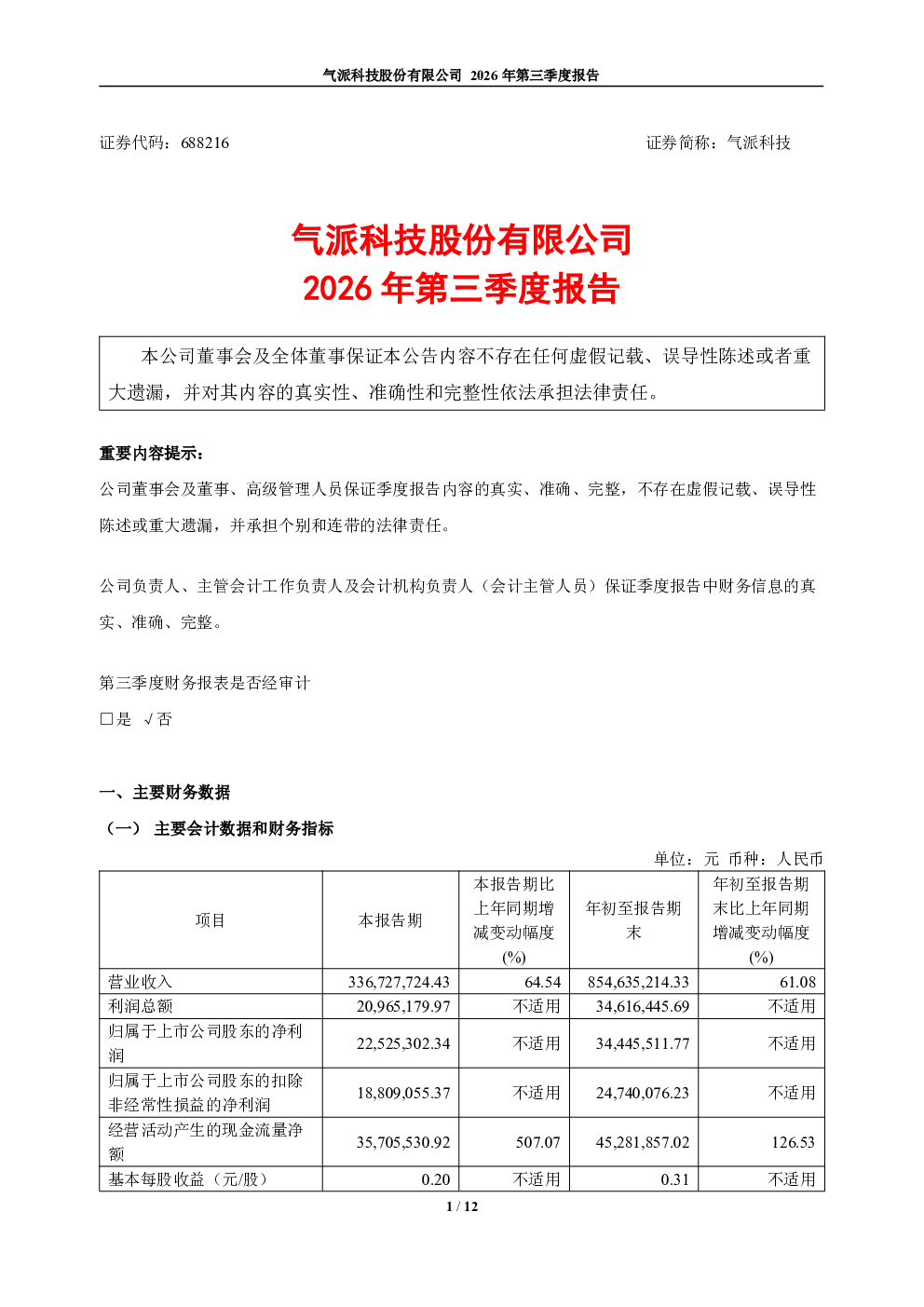 气派科技：2026年第三季度报告