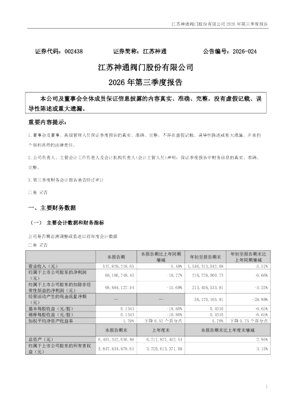 江苏神通：2026年第三季度报告