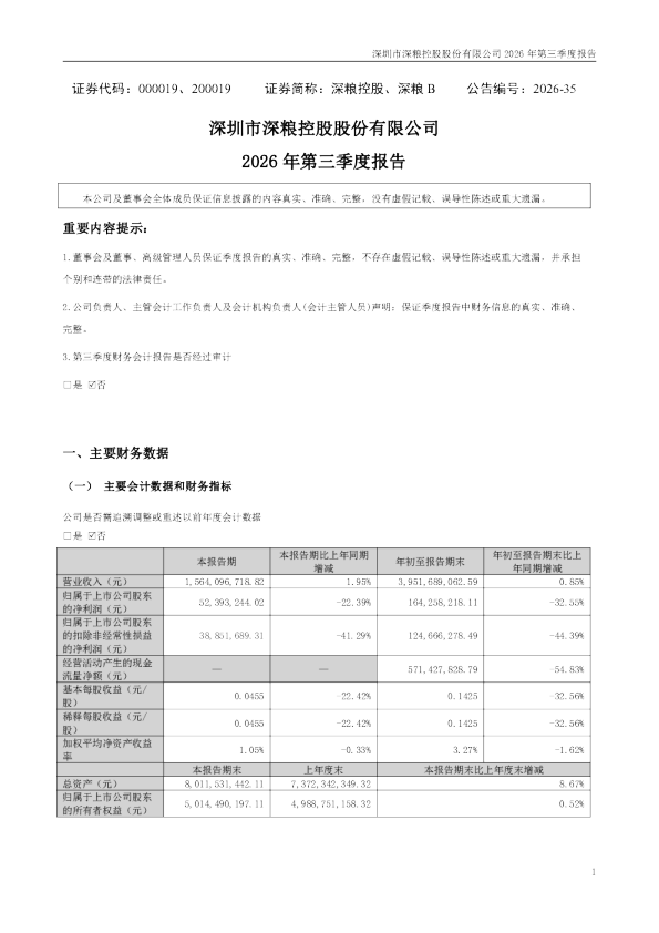 深粮控股：2026年第三季度报告