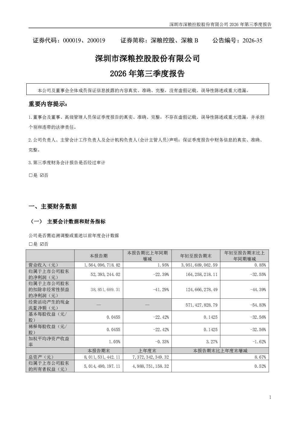 深粮控股：2026年第三季度报告