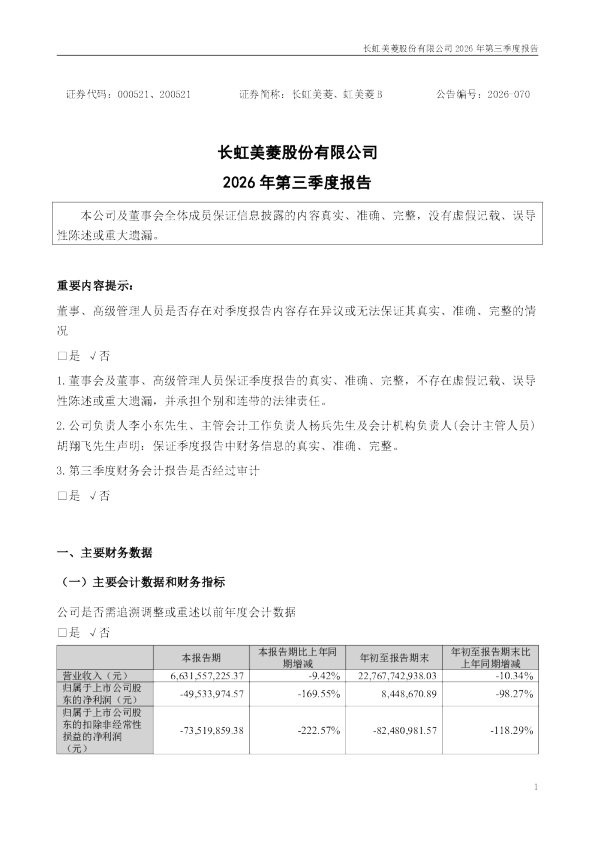 长虹美菱：2026年第三季度报告