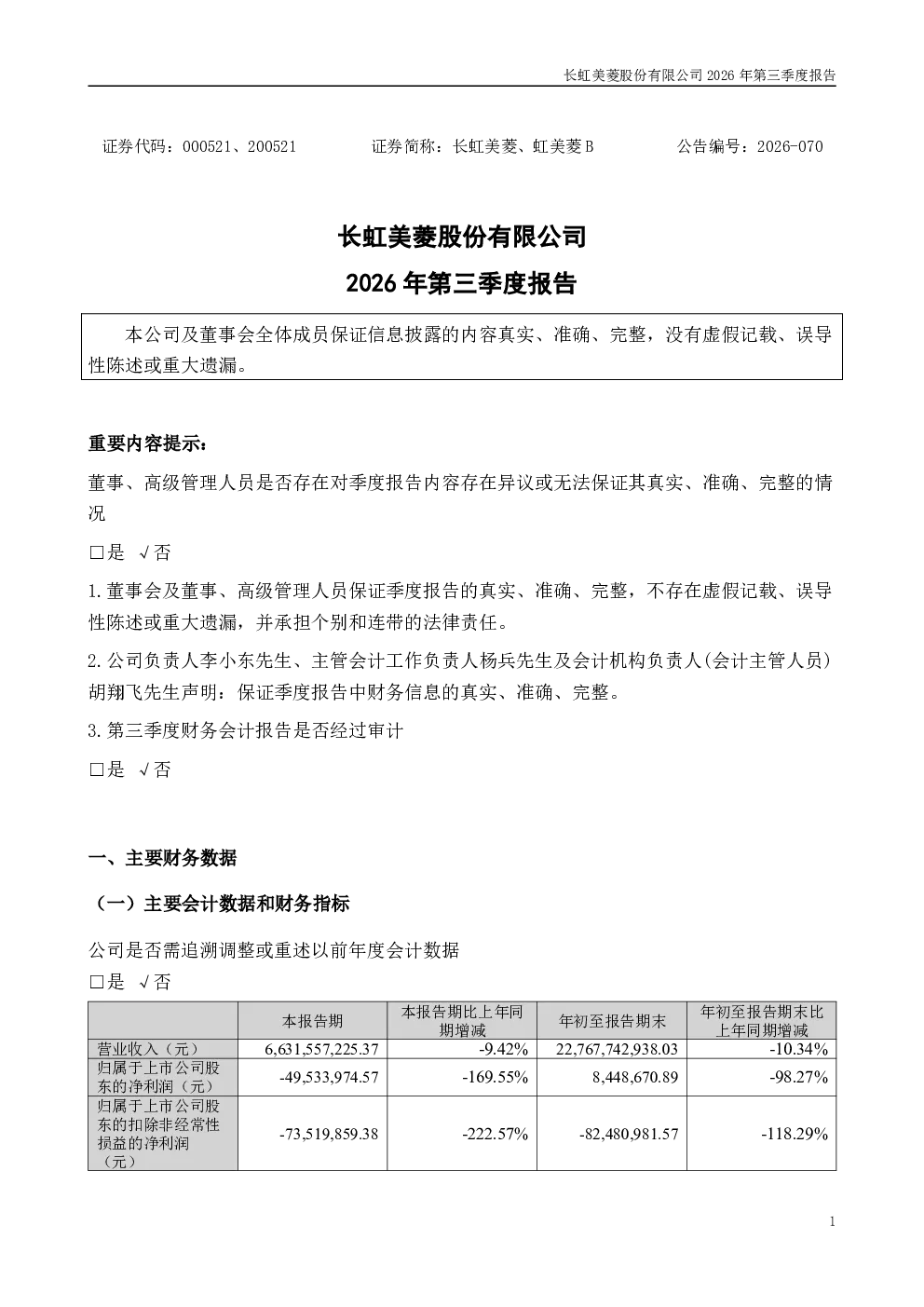 长虹美菱：2026年第三季度报告