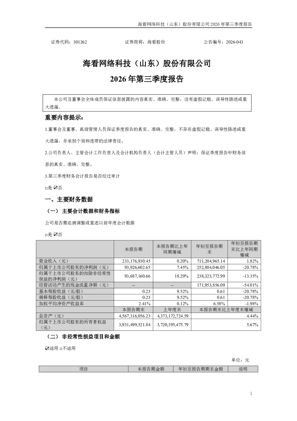海看股份：2026年第三季度报告