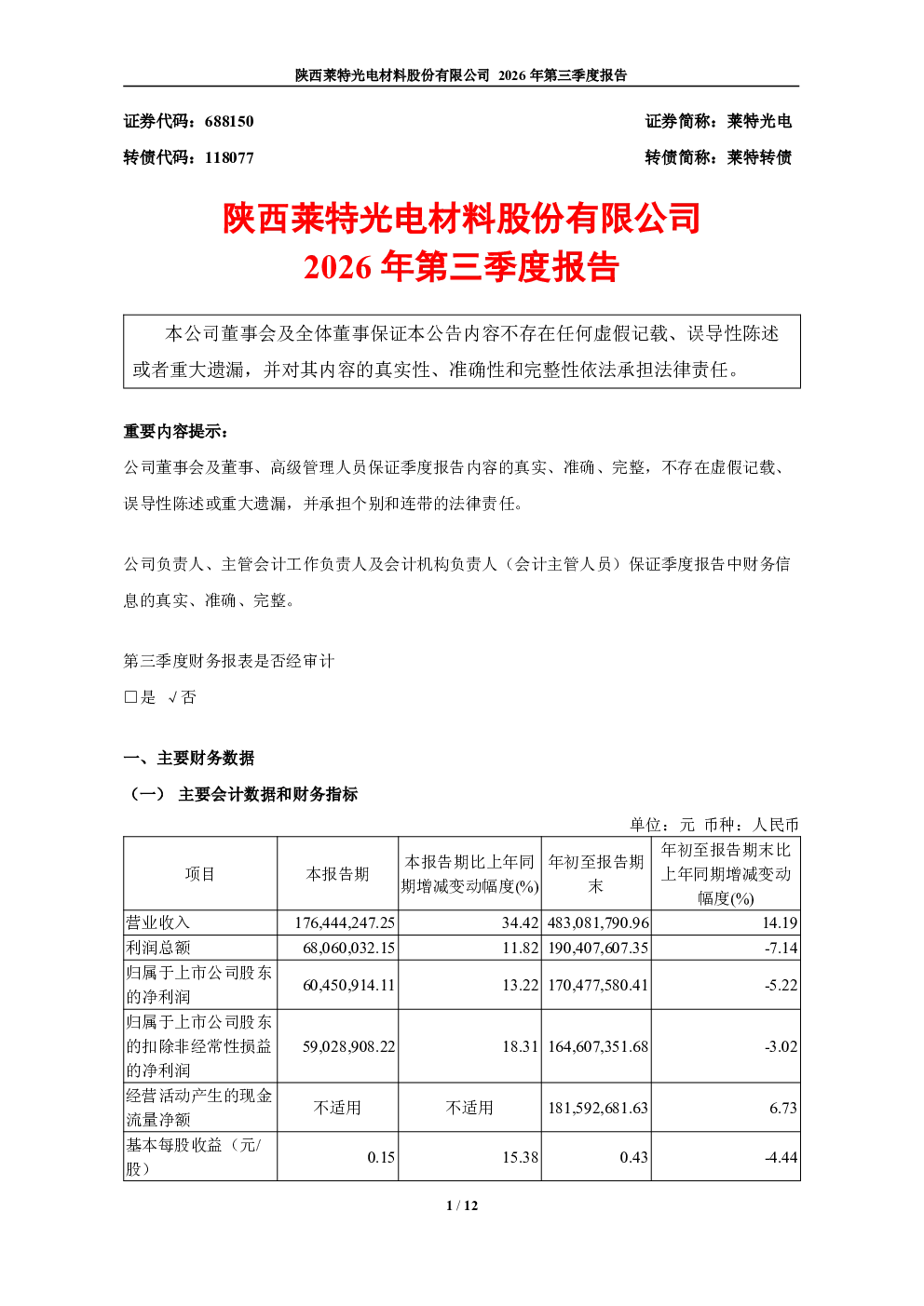 莱特光电：2026年第三季度报告