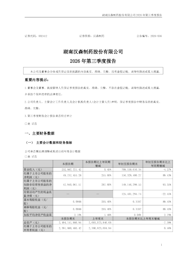 汉森制药：2026年第三季度报告