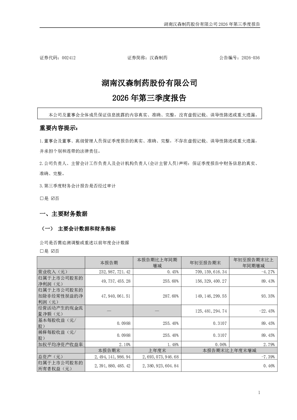 汉森制药：2026年第三季度报告