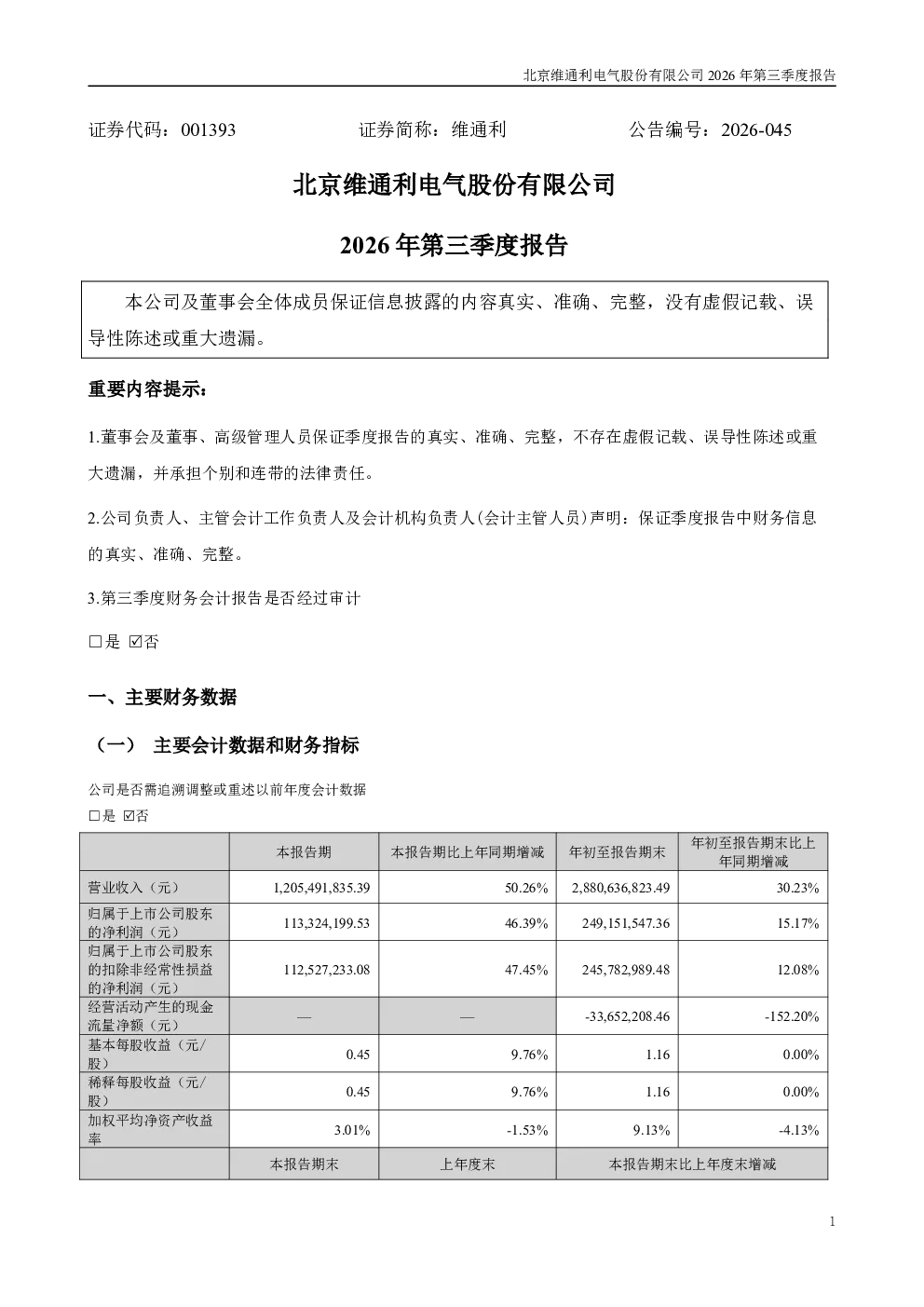 维通利：2026年第三季度报告