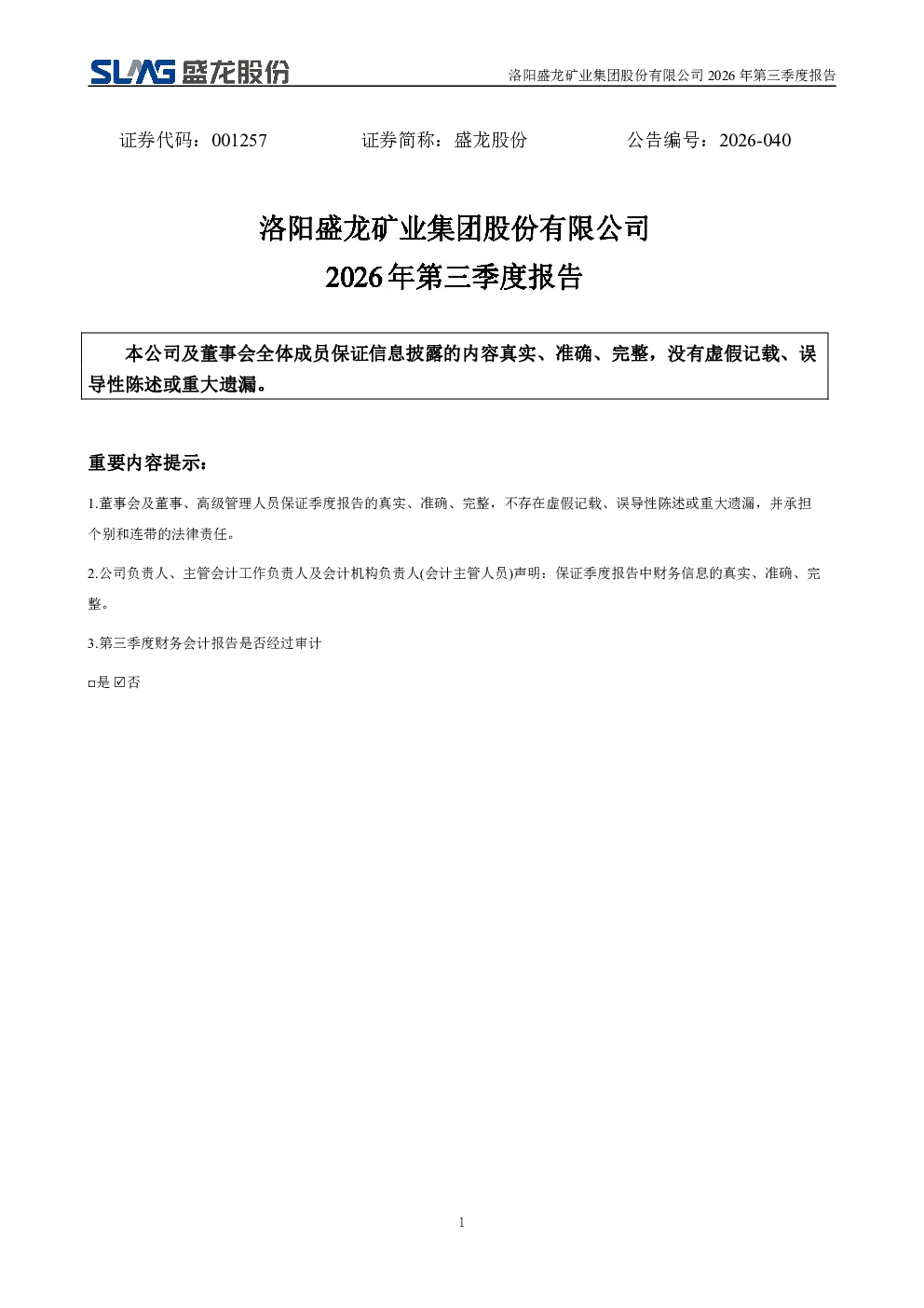 盛龙股份：2026年第三季度报告