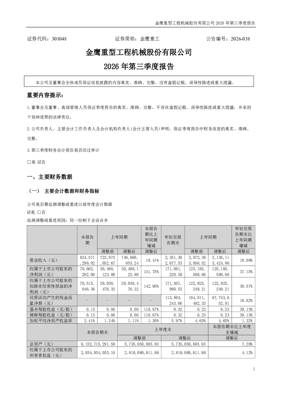 金鹰重工：2026年第三季度报告