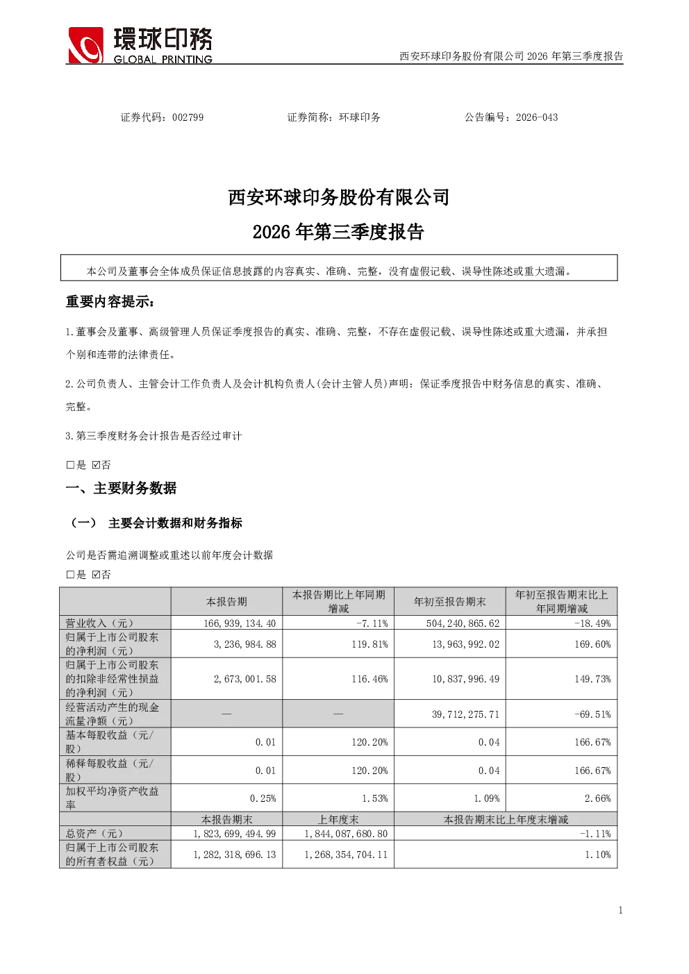 环球印务：2026年第三季度报告