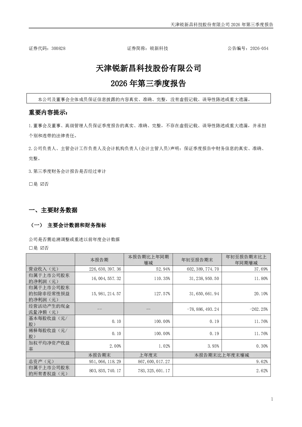锐新科技：2026年第三季度报告