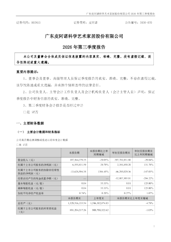 皮阿诺：2026年第三季度报告