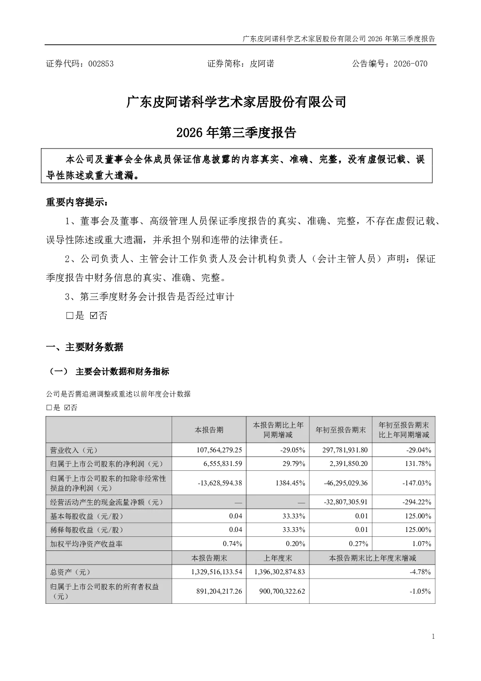 皮阿诺：2026年第三季度报告