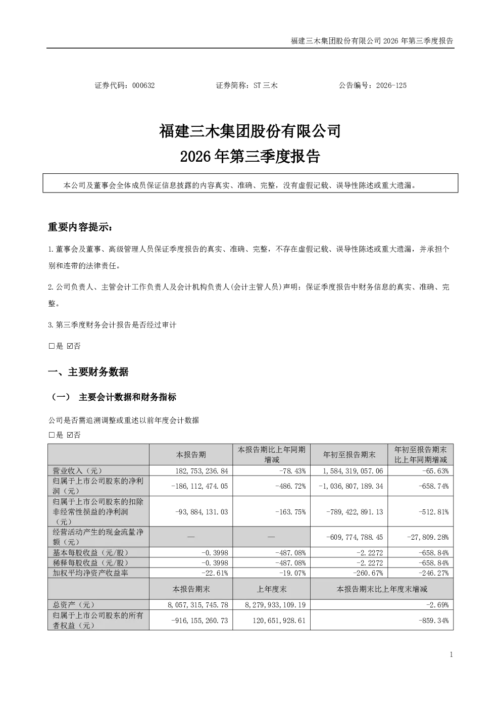 ST三木：2026年第三季度报告