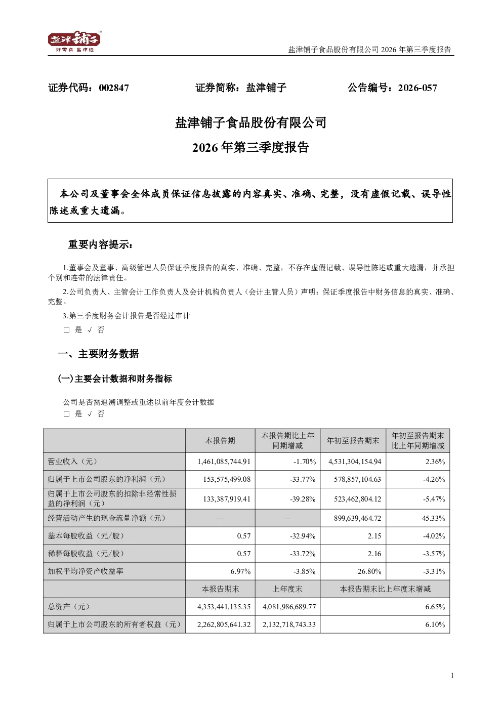 盐津铺子：2026年第三季度报告