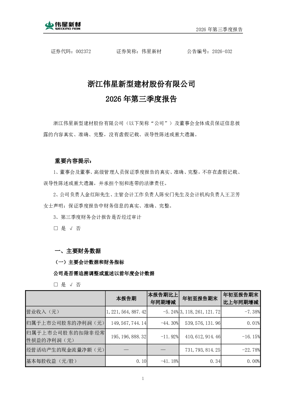 伟星新材：2026年第三季度报告