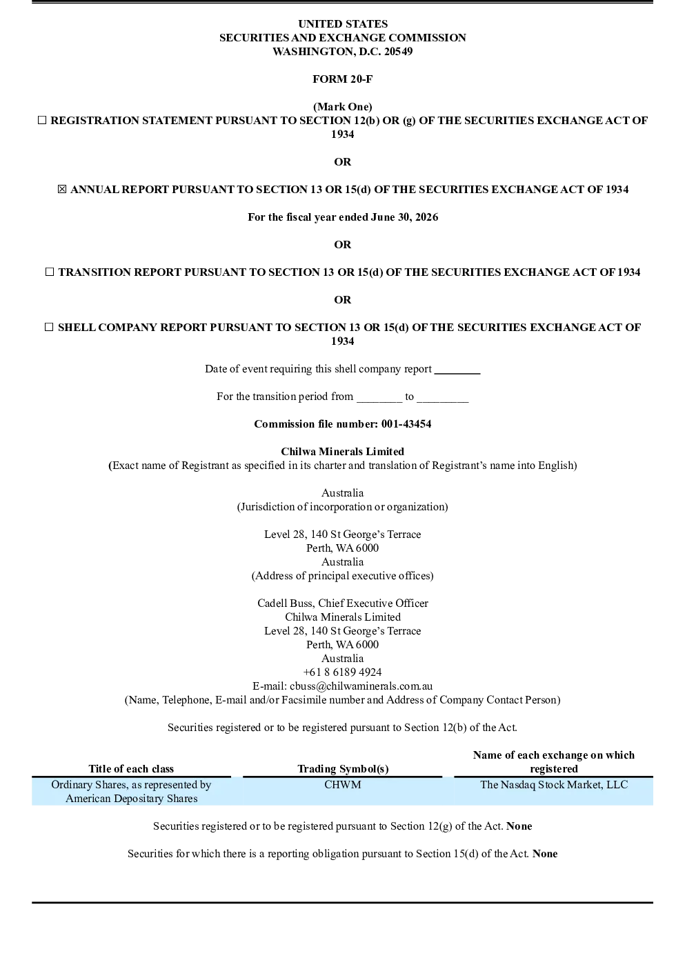 Chilwa Minerals Ltd ADR 2026年年度报告和过渡报告