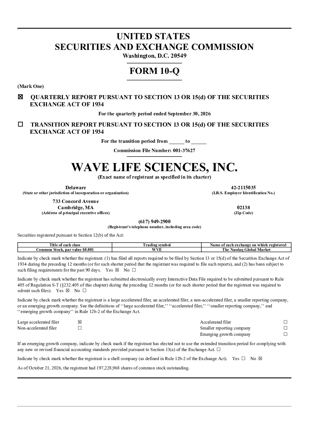 
Wave Life Sciences Inc 2026年季度报告