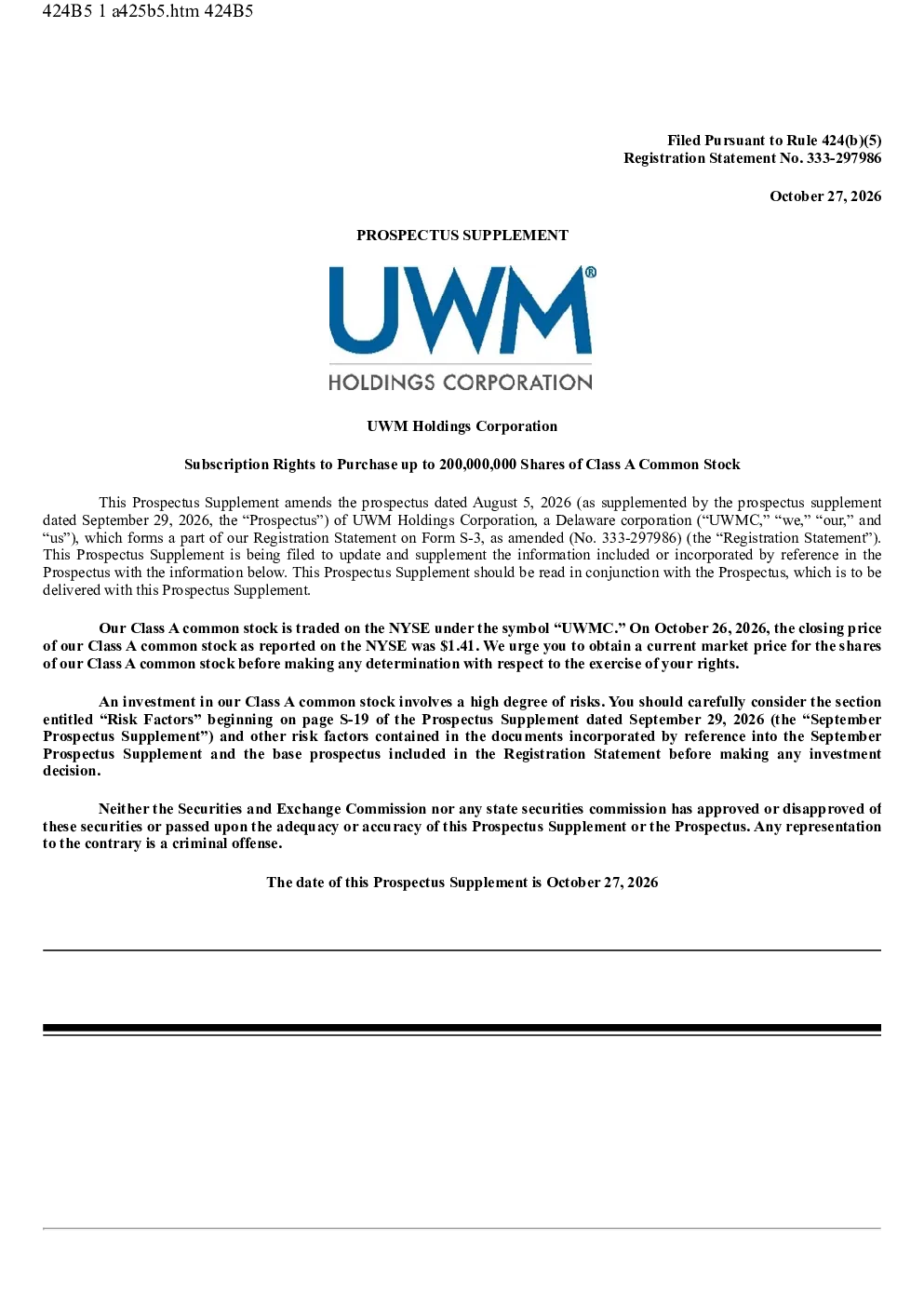UWM Holdings Corp-A美股招股说明书(2026-10-27版)