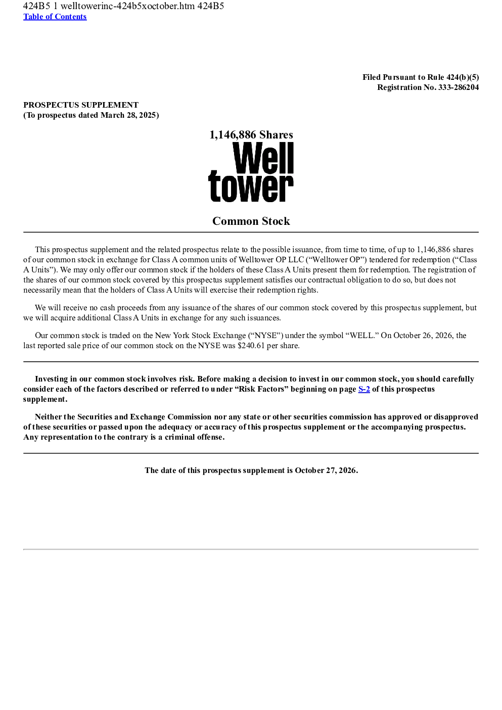 Welltower美股招股说明书(2026-10-27版)