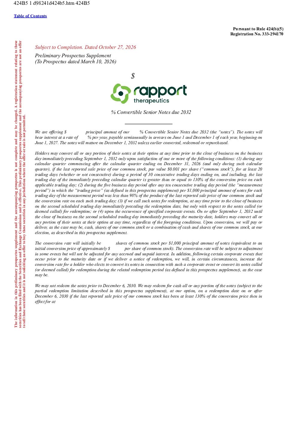 Rapport Therapeutics Inc美股招股说明书(2026-10-27版)