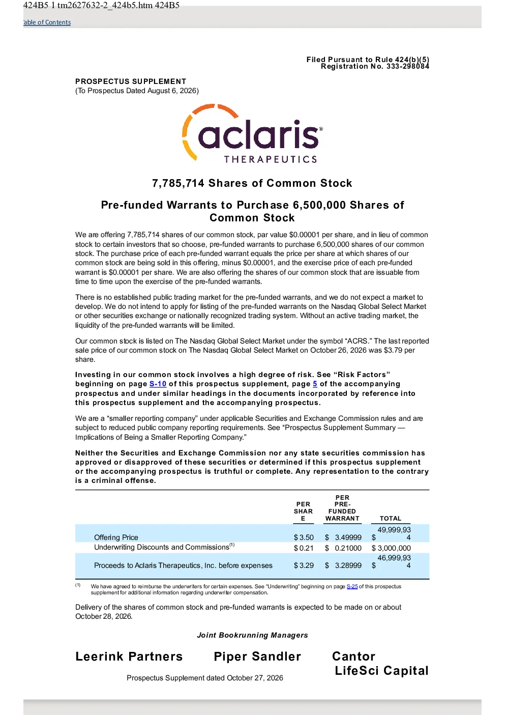 Aclaris Therapeutics Inc美股招股说明书(2026-10-27版)
