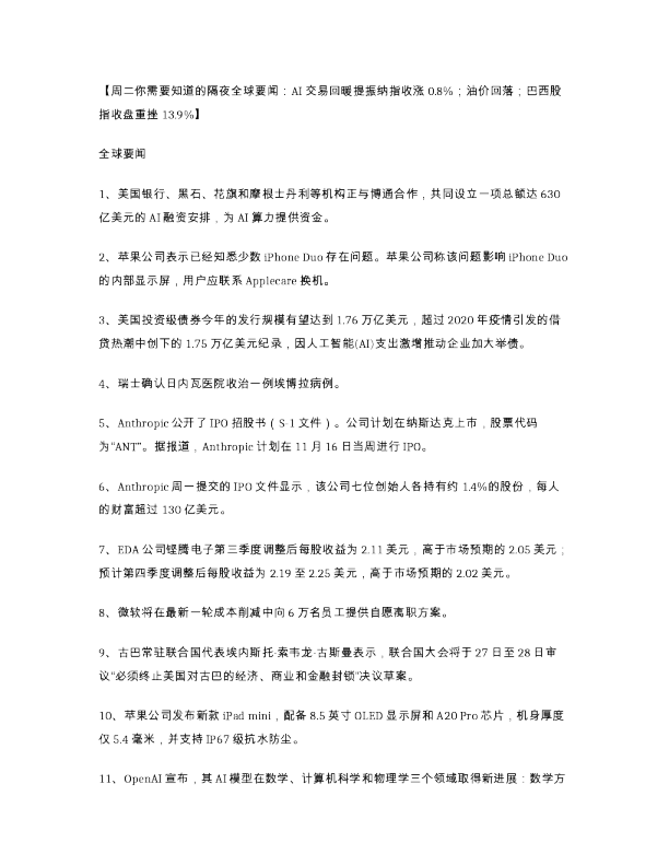 周二你需要知道的隔夜全球要闻 AI交易回暖提振纳指收涨0.8 油价回落 巴西股指收盘重挫13